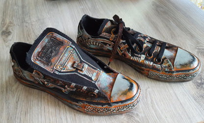 Sneakers, Custom Painted Steampunk Sneakers, Cyberpunk Canvas Shoes, Wearable Art Shoes, Size EU 39 / US Women 8.5 / Men 7 / Teens (25 cm)