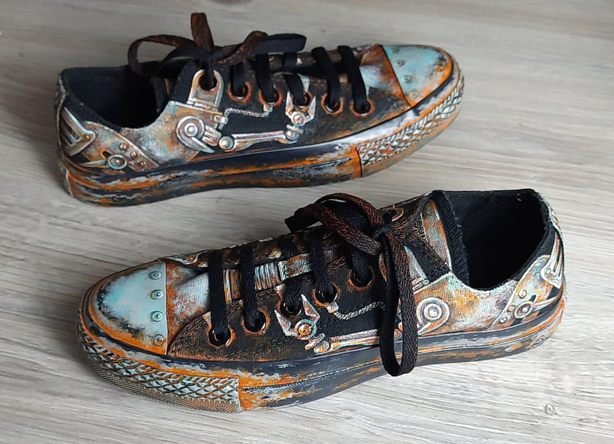 Sneakers, Custom Painted Steampunk Sneakers, Cyberpunk Canvas Shoes, Wearable Art Shoes, Size EU 39 / US Women 8.5 / Men 7 / Teens (25 cm)