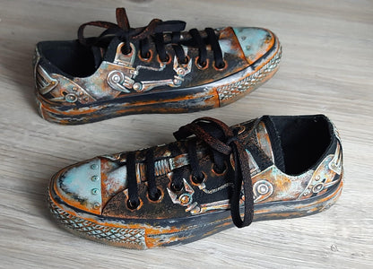 Sneakers, Custom Painted Steampunk Sneakers, Cyberpunk Canvas Shoes, Wearable Art Shoes, Size EU 39 / US Women 8.5 / Men 7 / Teens (25 cm)