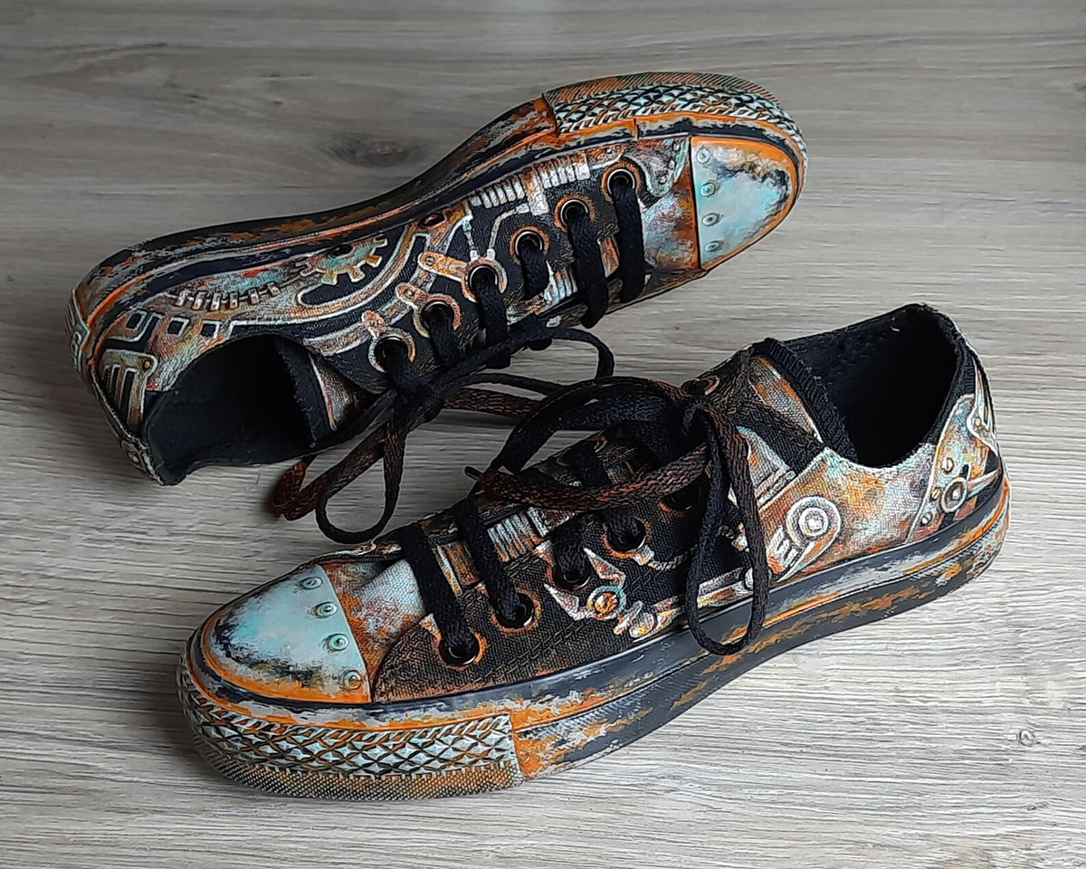 Sneakers, Custom Painted Steampunk Sneakers, Cyberpunk Canvas Shoes, Wearable Art Shoes, Size EU 39 / US Women 8.5 / Men 7 / Teens (25 cm)
