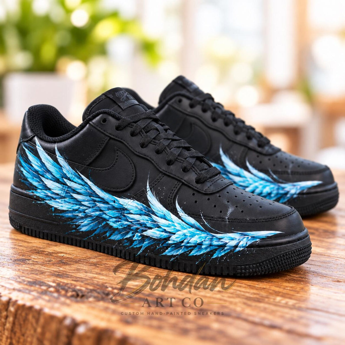Blue Angel Wing Custom Air Force One Sneakers, Personalized Hand Painted AF1 Black Shoes, Streetwear Art Shoes