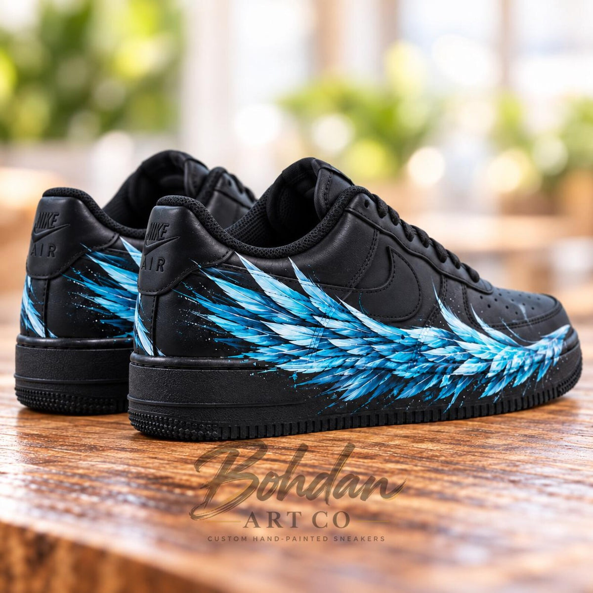 Blue Angel Wing Custom Air Force One Sneakers, Personalized Hand Painted AF1 Black Shoes, Streetwear Art Shoes