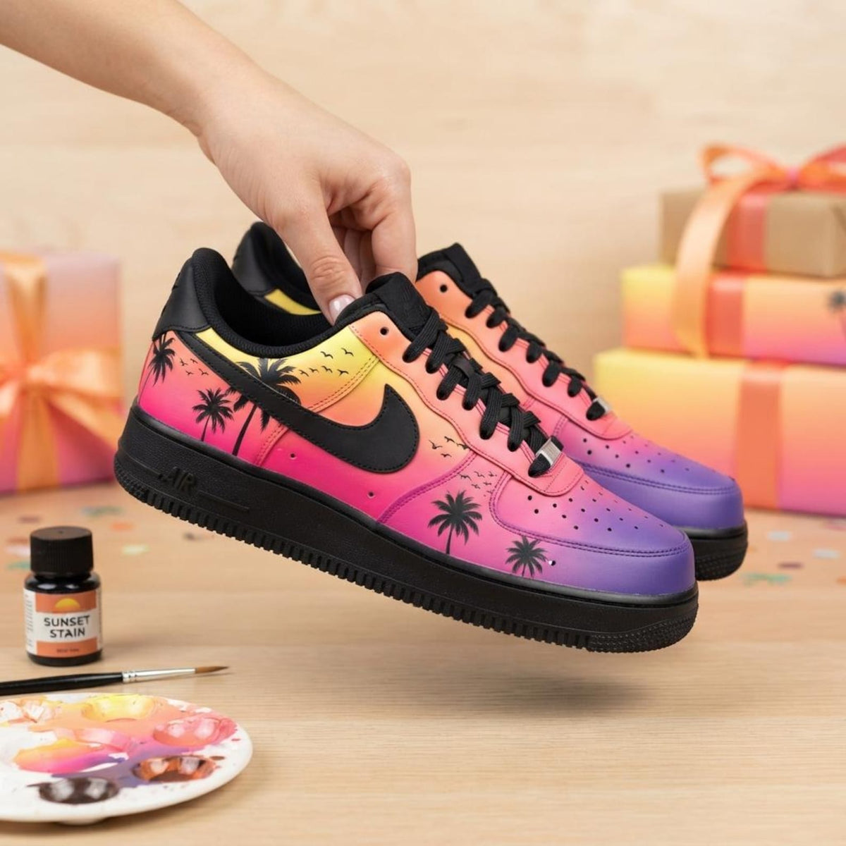 Gradient Sunset Custom AF1, Hand Painted Palm Tree Sneakers, Summer Shoes