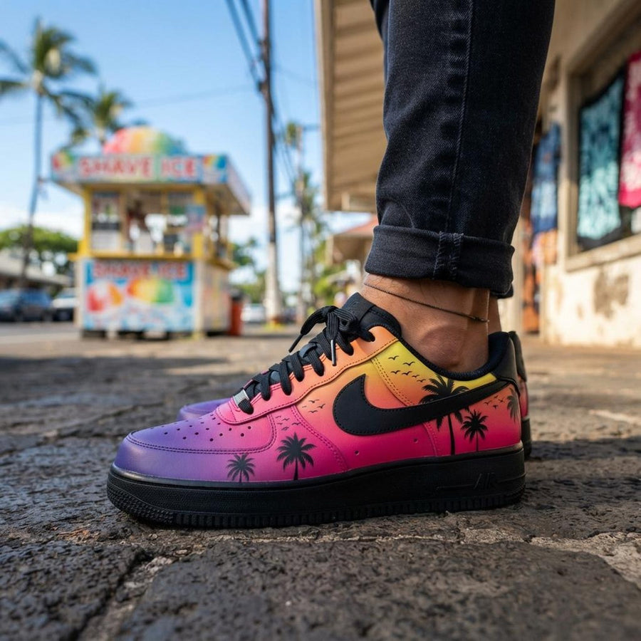 Gradient Sunset Custom AF1, Hand Painted Palm Tree Sneakers, Summer Shoes