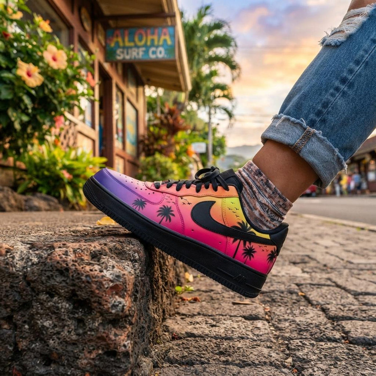 Gradient Sunset Custom AF1, Hand Painted Palm Tree Sneakers, Summer Shoes