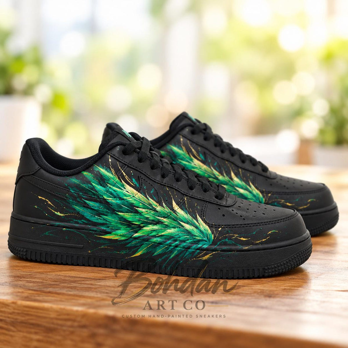 Custom Hand Painted AF1 Shoes, Green Feather Wing Sneakers, Black Gold Custom Sneakers, Personalized Gift for Him or Her