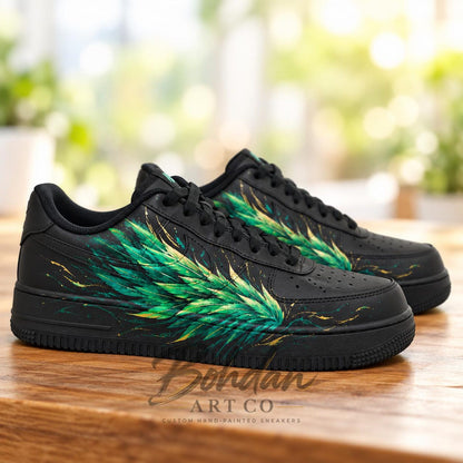 Custom Hand Painted AF1 Shoes, Green Feather Wing Sneakers, Black Gold Custom Sneakers, Personalized Gift for Him or Her