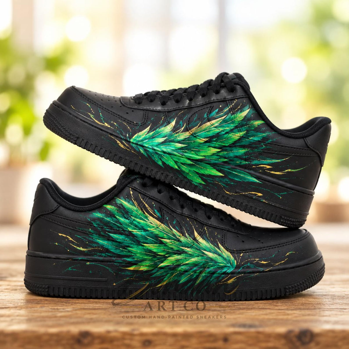 Custom Hand Painted AF1 Shoes, Green Feather Wing Sneakers, Black Gold Custom Sneakers, Personalized Gift for Him or Her