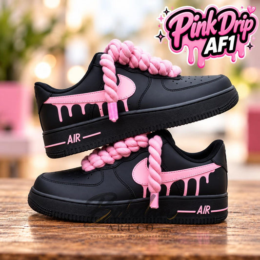 Hand Painted AF1 Pink Drip Shoes, Custom Air Force 1 Sneakers, Black Pink Streetwear Kicks, Chunky Lace Custom Sneaker Gift for Her