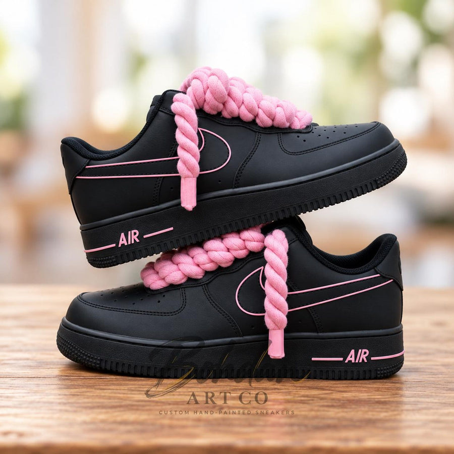 Hand Painted AF1 Pink Drip Shoes, Custom Air Force 1 Sneakers, Black Pink Streetwear Kicks, Chunky Lace Custom Sneaker Gift for Her