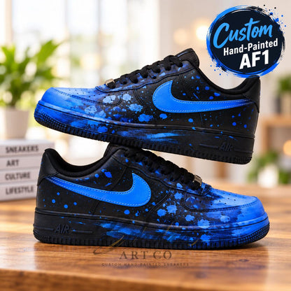Custom Hand Painted AF1, Blue Splatter Sneakers, Black Graffiti Shoes, Electric Blue Streetwear Gift for Him Her