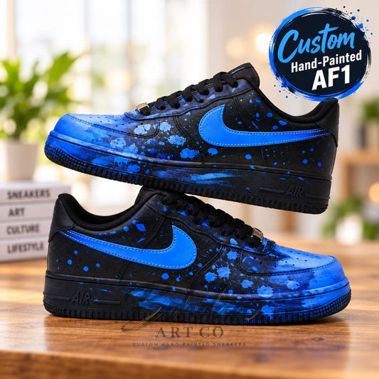 Custom Hand Painted AF1, Blue Splatter Sneakers, Black Graffiti Shoes, Electric Blue Streetwear Gift for Him Her