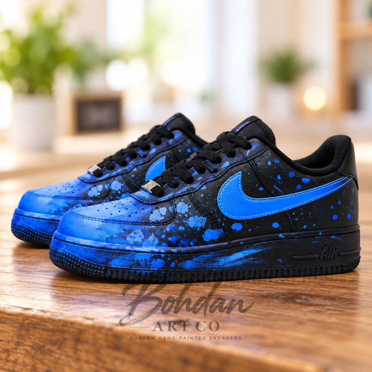 Custom Hand Painted AF1, Blue Splatter Sneakers, Black Graffiti Shoes, Electric Blue Streetwear Gift for Him Her