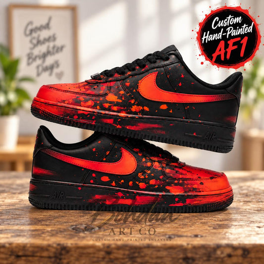 Custom Hand Painted AF1, Red Orange Splatter Sneakers, Black Graffiti Shoes, Personalized Streetwear Gift for Him Her
