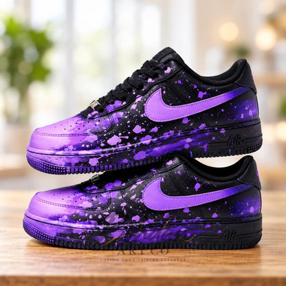 Custom Hand-Painted AF1 Sneakers, Black Purple Splatter Graffiti Shoes