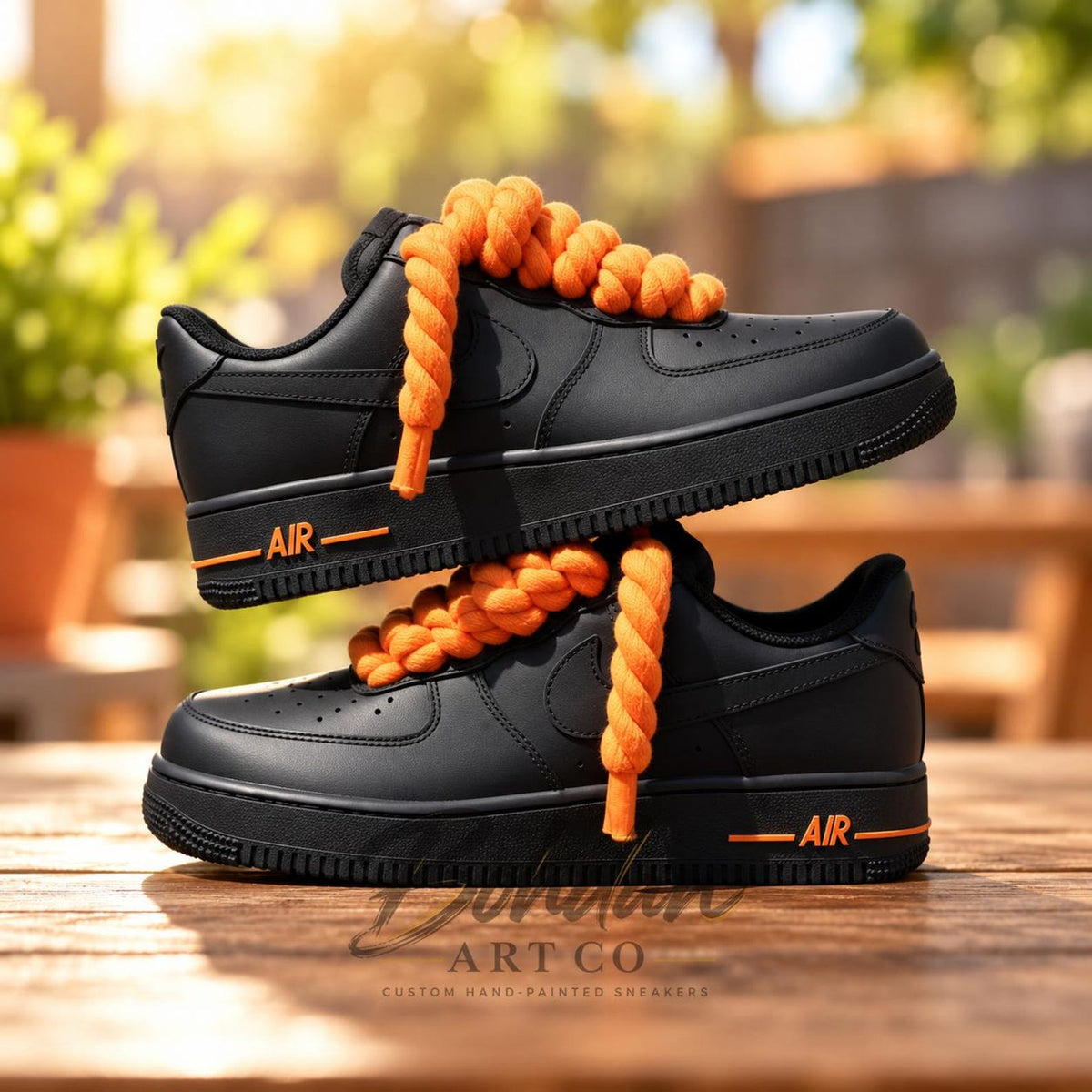 Custom Hand-Painted Black Orange Drip AF1 Sneakers, Chunky Lace Streetwear Kicks