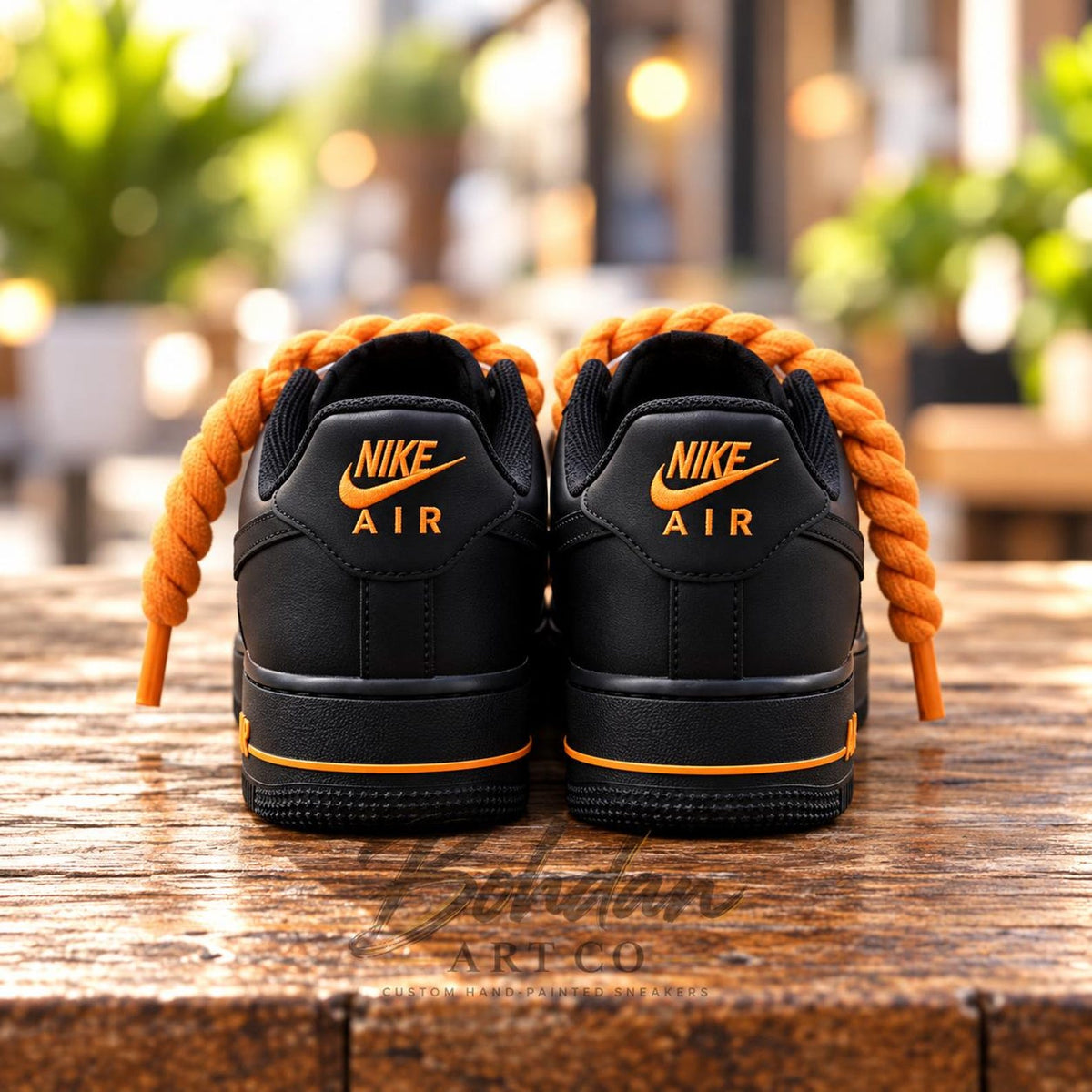 Custom Hand-Painted Black Orange Drip AF1 Sneakers, Chunky Lace Streetwear Kicks