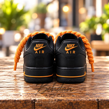 Custom Hand-Painted Black Orange Drip AF1 Sneakers, Chunky Lace Streetwear Kicks