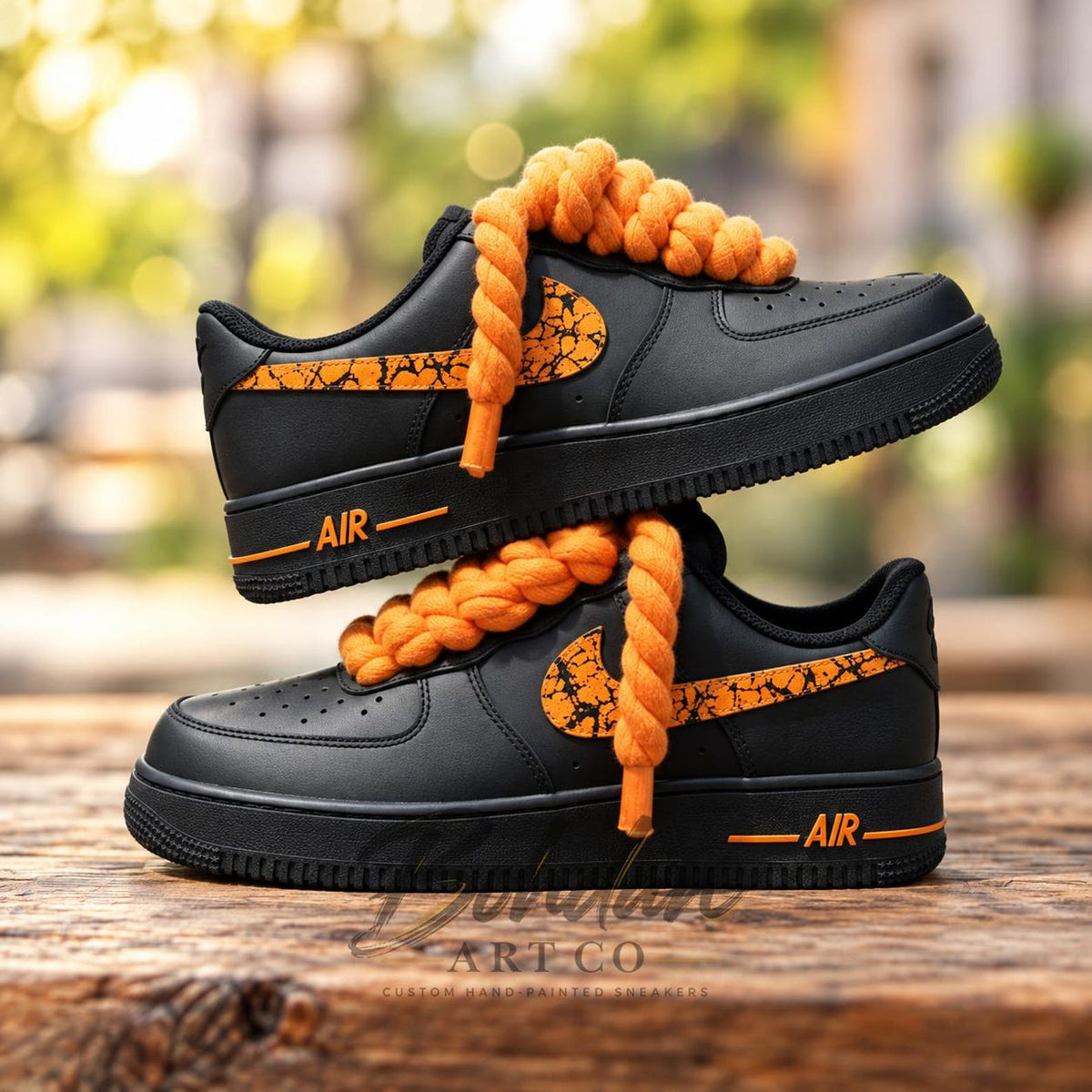 Custom Hand-Painted Black Orange Drip AF1 Sneakers, Chunky Lace Streetwear Kicks
