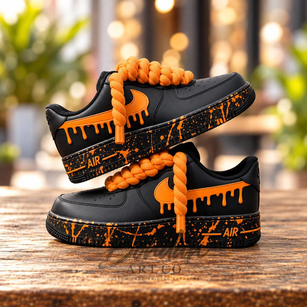 Custom Hand-Painted Black Orange Drip AF1 Sneakers, Chunky Lace Streetwear Kicks