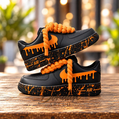 Custom Hand-Painted Black Orange Drip AF1 Sneakers, Chunky Lace Streetwear Kicks