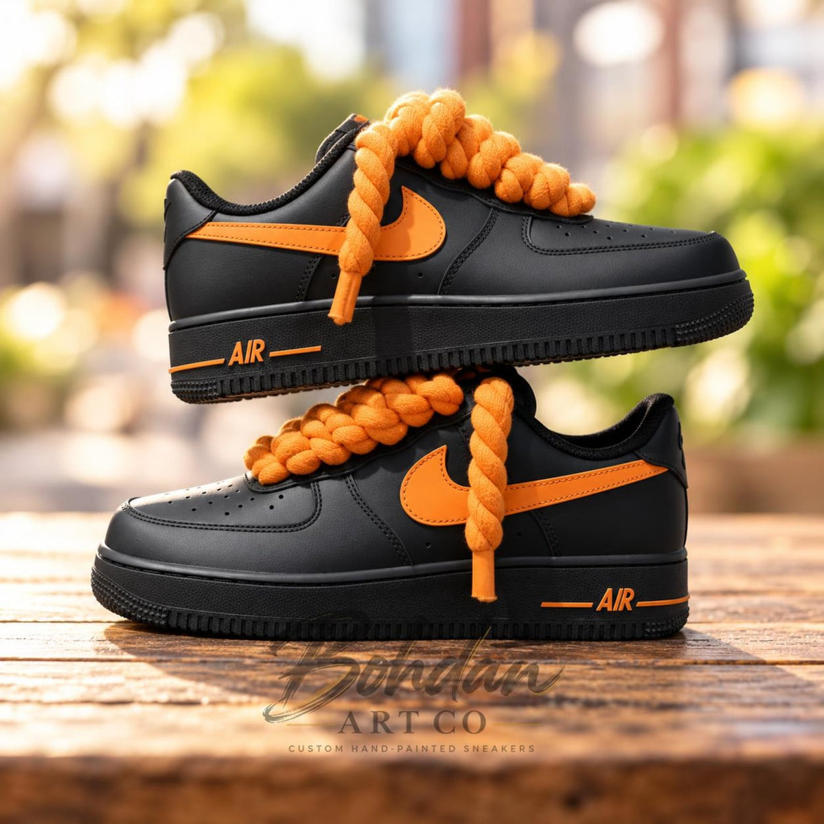 Custom Hand-Painted Black Orange Drip AF1 Sneakers, Chunky Lace Streetwear Kicks