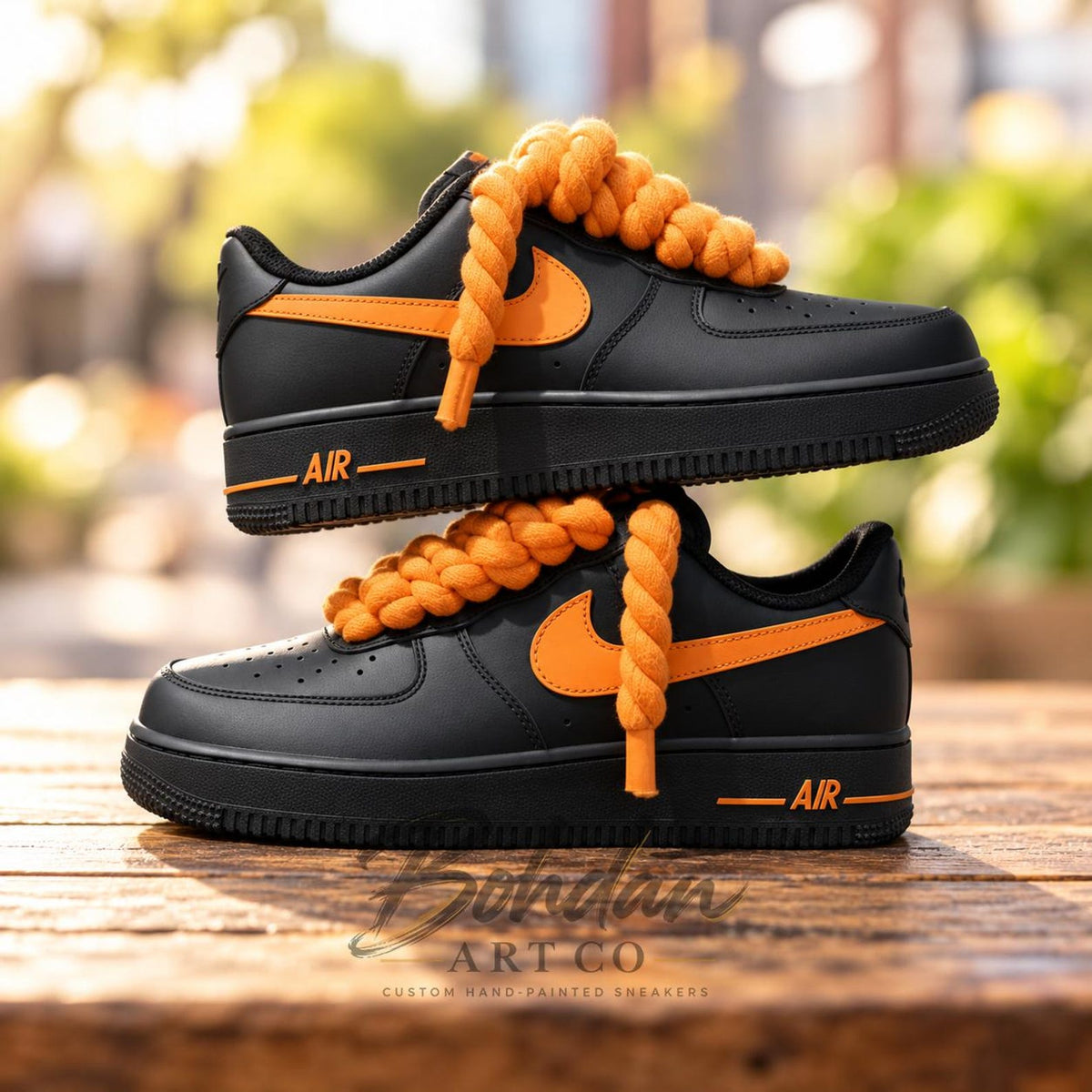 Custom Hand-Painted Black Orange Drip AF1 Sneakers, Chunky Lace Streetwear Kicks