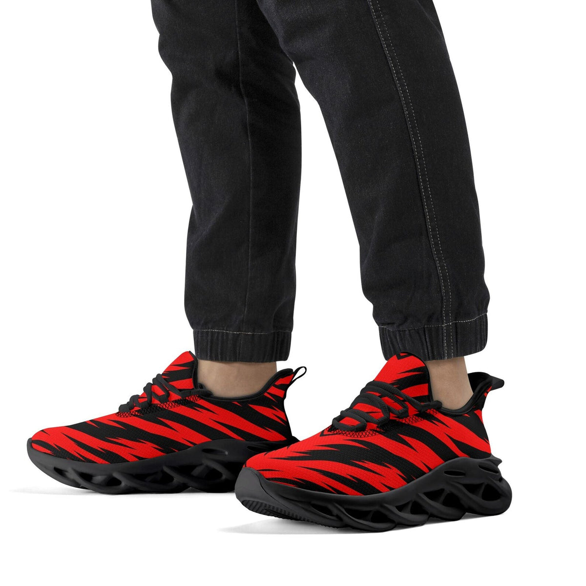 Red Black Tiger Stripe Sneakers, School Spirit Shoes, Team Color Athletic Shoes, Game Day Sneakers, Red Black Sports Fan Shoes