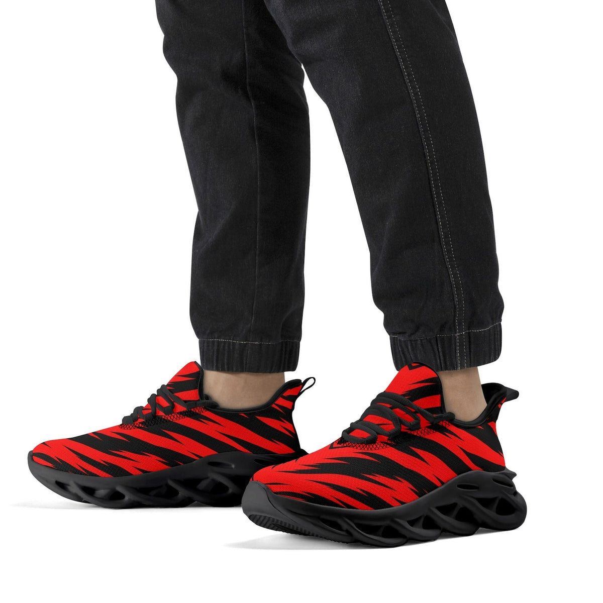 Red Black Tiger Stripe Sneakers, School Spirit Shoes, Team Color Athletic Shoes, Game Day Sneakers, Red Black Sports Fan Shoes