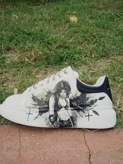 Custom Hand-Painted Sneakers: Gothic Cross Chains Dark Art