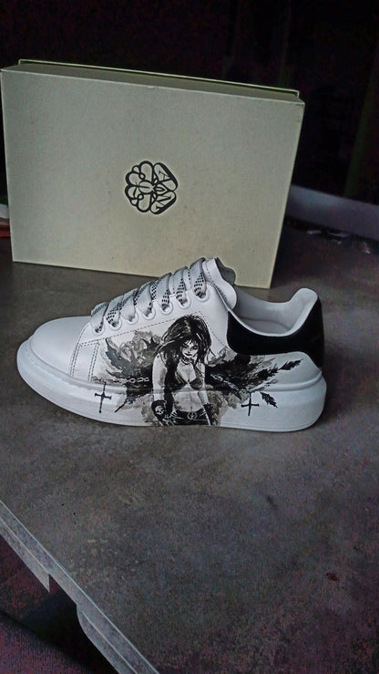 Custom Hand-Painted Sneakers: Gothic Cross Chains Dark Art