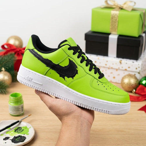 Holiday Custom Air Force One, Christmas Green Black Kicks, Handcrafted Footwear