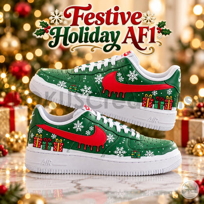 Hand Painted Christmas Shoes, Green Red Drip Swoosh Snowflake Art, Custom AF1 Sneakers, Holiday Gift for Him