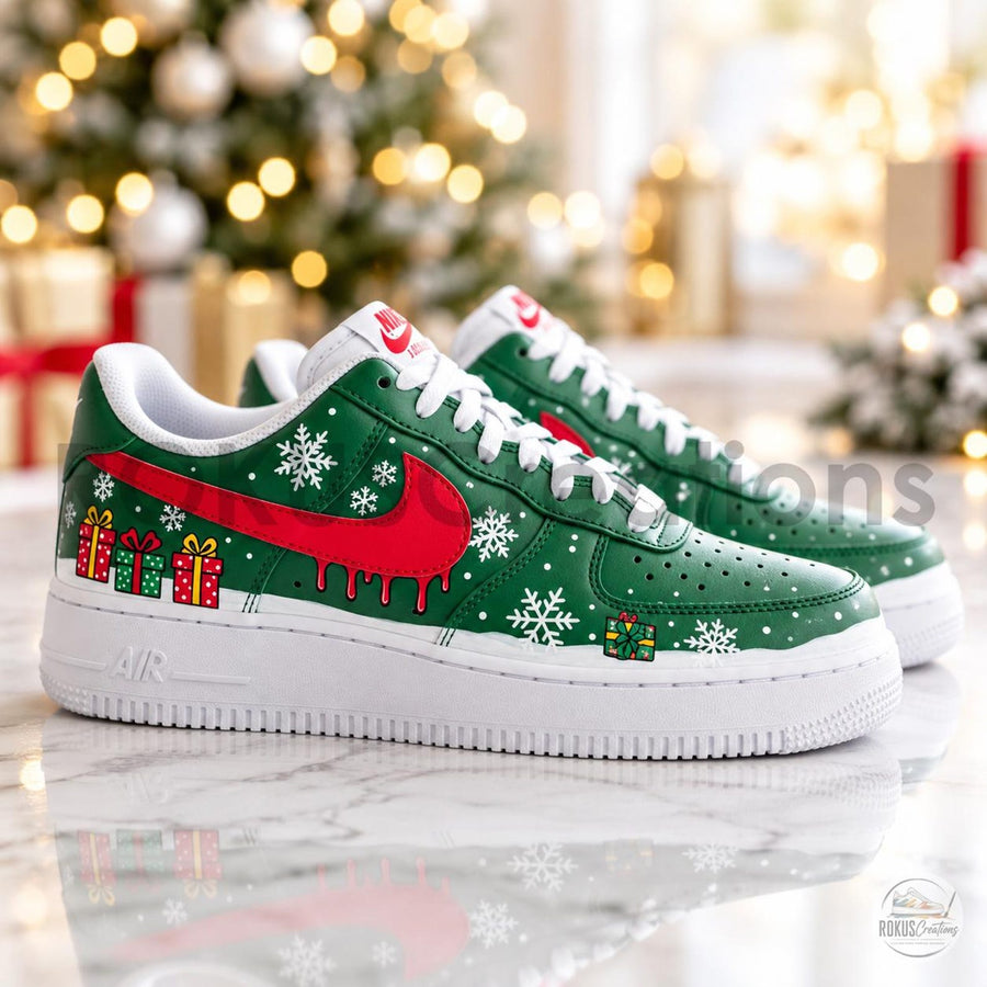 Hand Painted Christmas Shoes, Green Red Drip Swoosh Snowflake Art, Custom AF1 Sneakers, Holiday Gift for Him