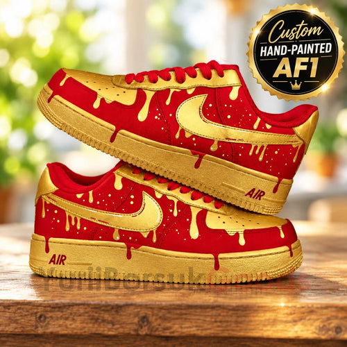 Hand Painted Red Gold Drip Air Force 1 Shoes, Custom AF1 Sneakers, Birthday Gift for Him
