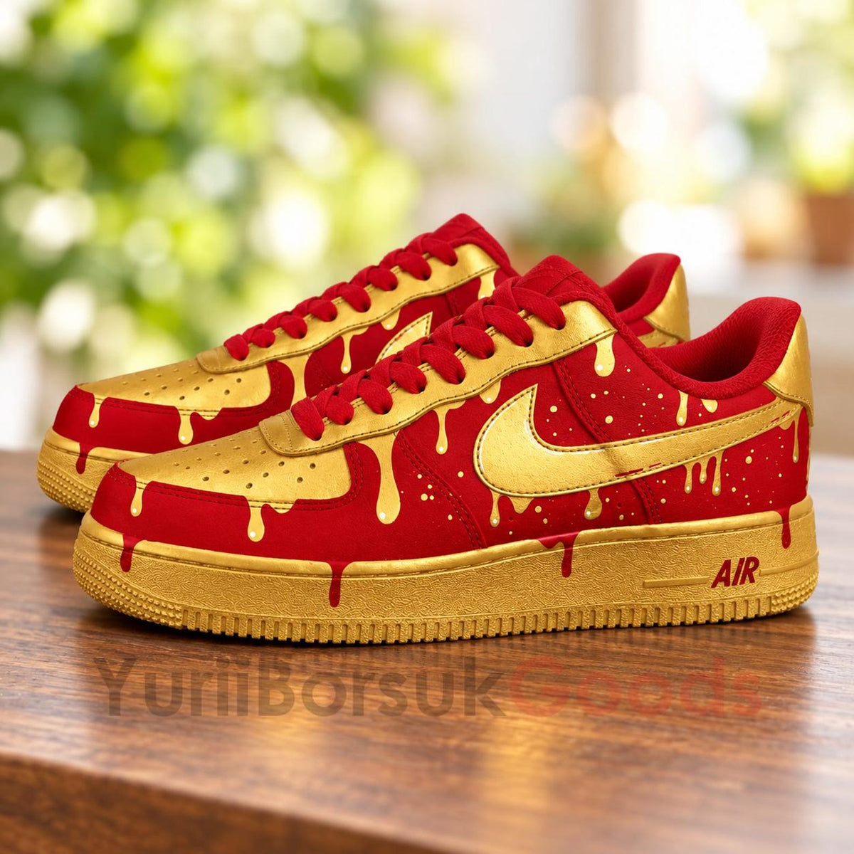 Hand Painted Red Gold Drip Air Force 1 Shoes, Custom AF1 Sneakers, Birthday Gift for Him