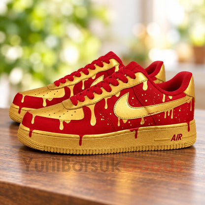 Hand Painted Red Gold Drip Air Force 1 Shoes, Custom AF1 Sneakers, Birthday Gift for Him