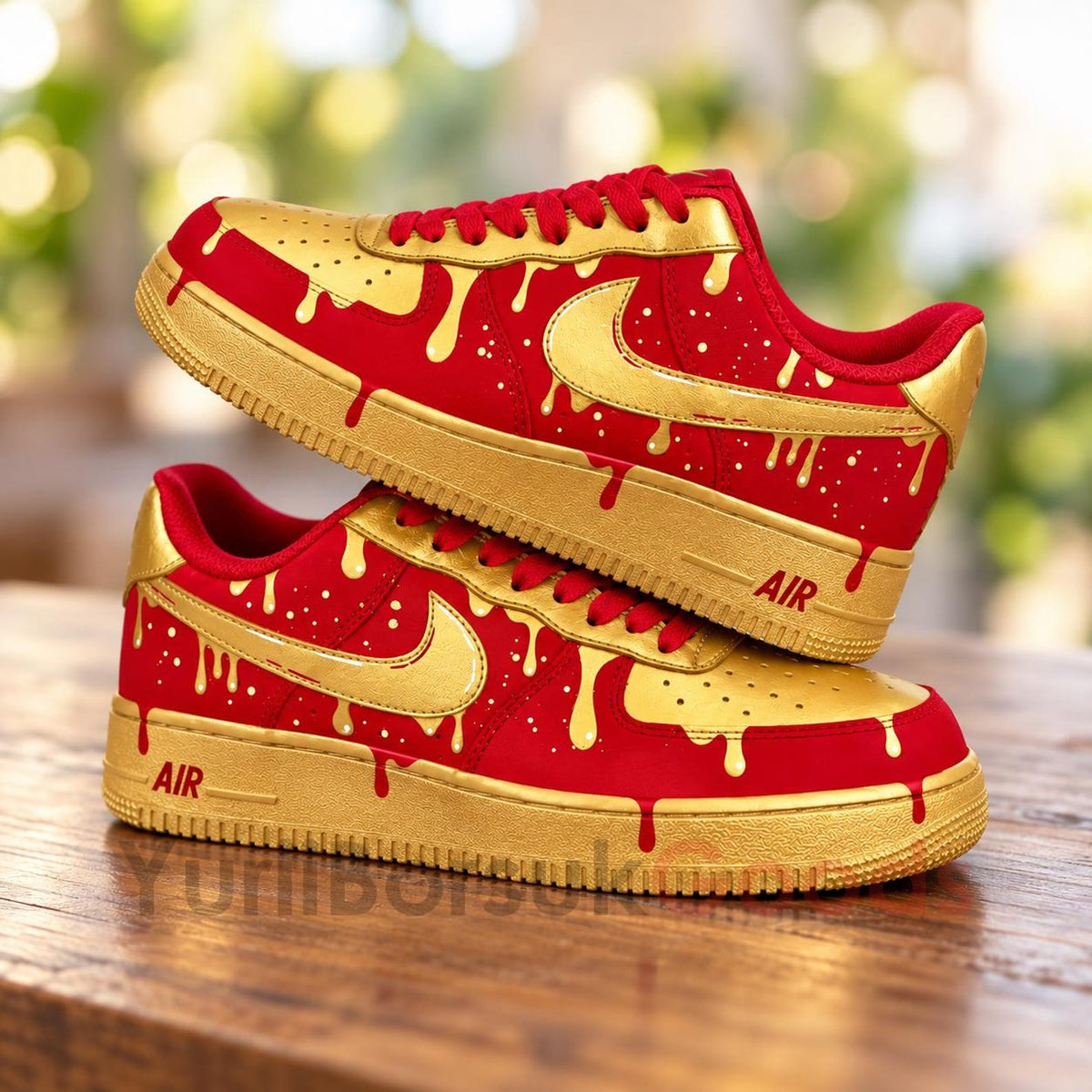 Hand Painted Red Gold Drip Air Force 1 Shoes, Custom AF1 Sneakers, Birthday Gift for Him