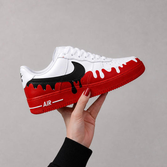Custom Hand Painted AF1 Sneakers, Red Paint Drip Shoes, Black Red Streetwear Drip Art, Personalized Gift for Men Women