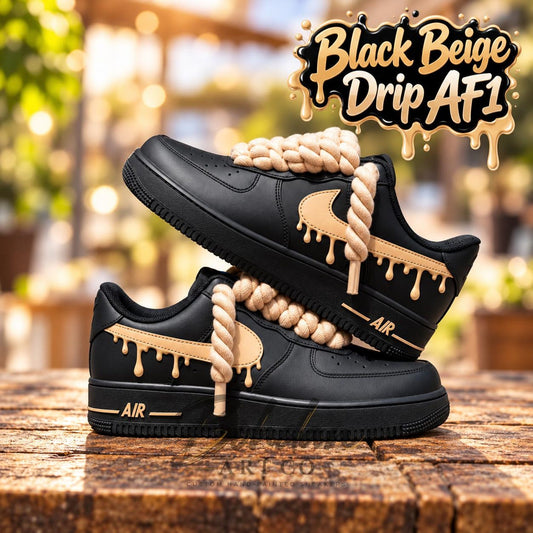 Hand Painted Black Beige Drip Custom AF1 Shoes, Chunky Cream Rope Laces Art, Birthday Gift for Him
