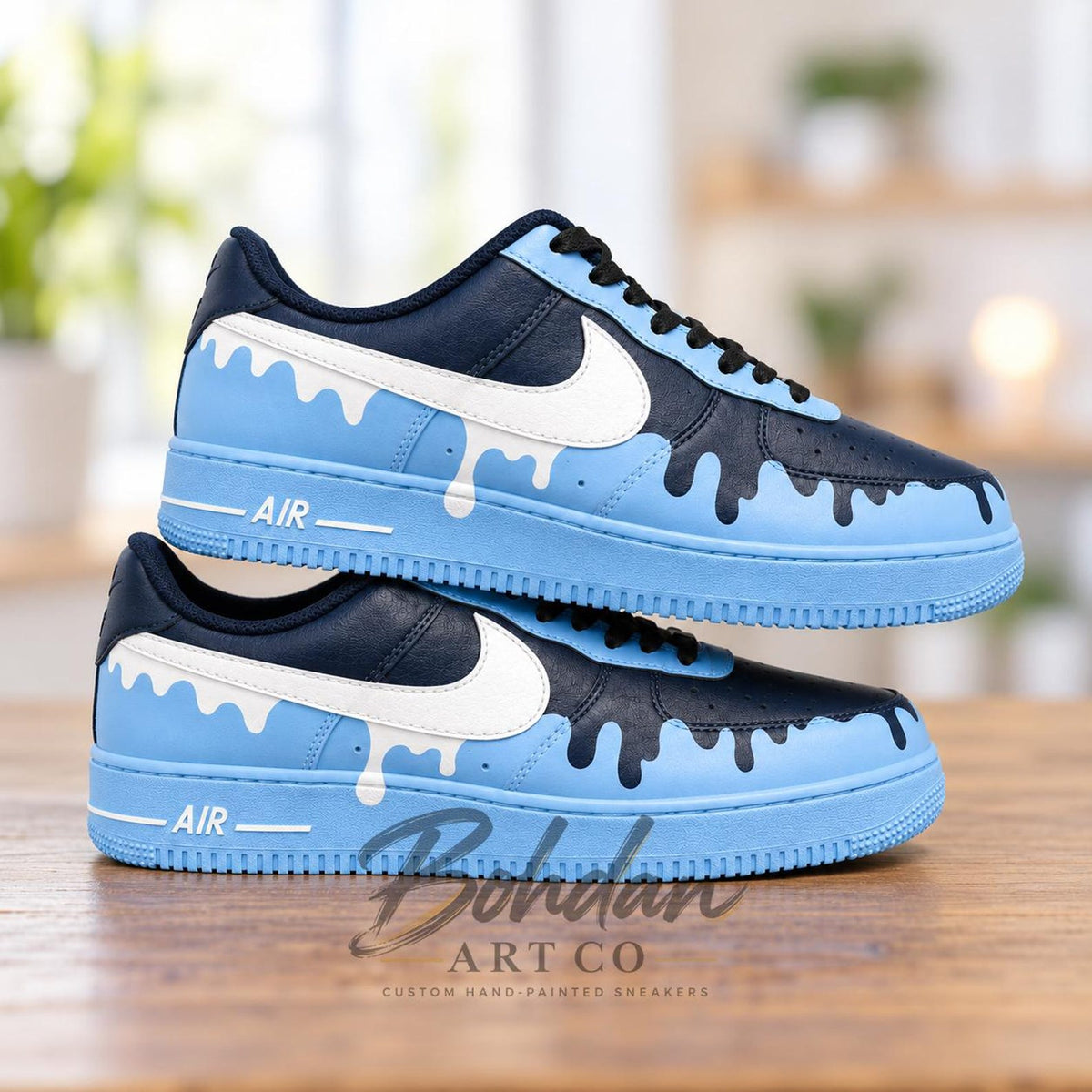 Hand Painted Sky Blue Drip Art Shoes, Two Tone Navy Melting Liquid Effect, Custom Air Force 1, Sneakerhead Gift