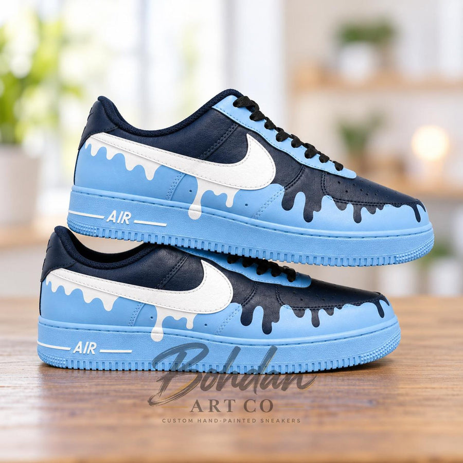 Hand Painted Sky Blue Drip Art Shoes, Two Tone Navy Melting Liquid Effect, Custom Air Force 1, Sneakerhead Gift