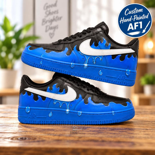 Hand Painted Royal Blue Drip Shoes, Black and Blue Melting Water Fire Art, Custom Air Force 1, Gift for Him