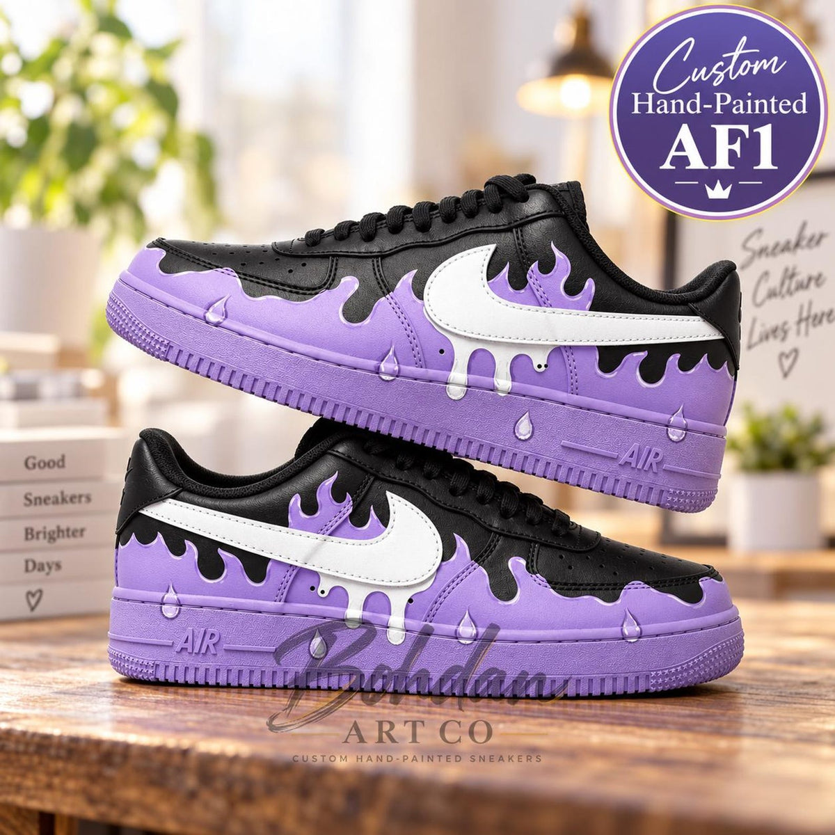 Hand Painted Purple Drip AF1 Shoes, Black and Purple Melting Liquid Kicks, Custom Air Force 1, Anniversary Gift