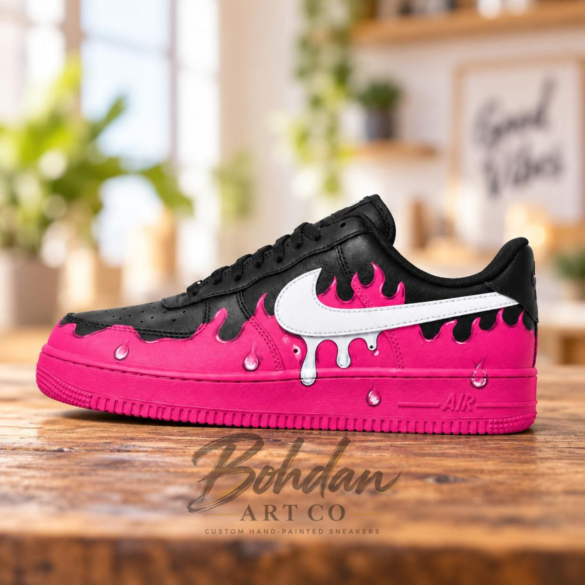 Hand Painted Hot Pink Drip AF1 Shoes, Black Glossy Melting Slime Artwork, Custom Air Force 1, Personalized Streetwear Gift