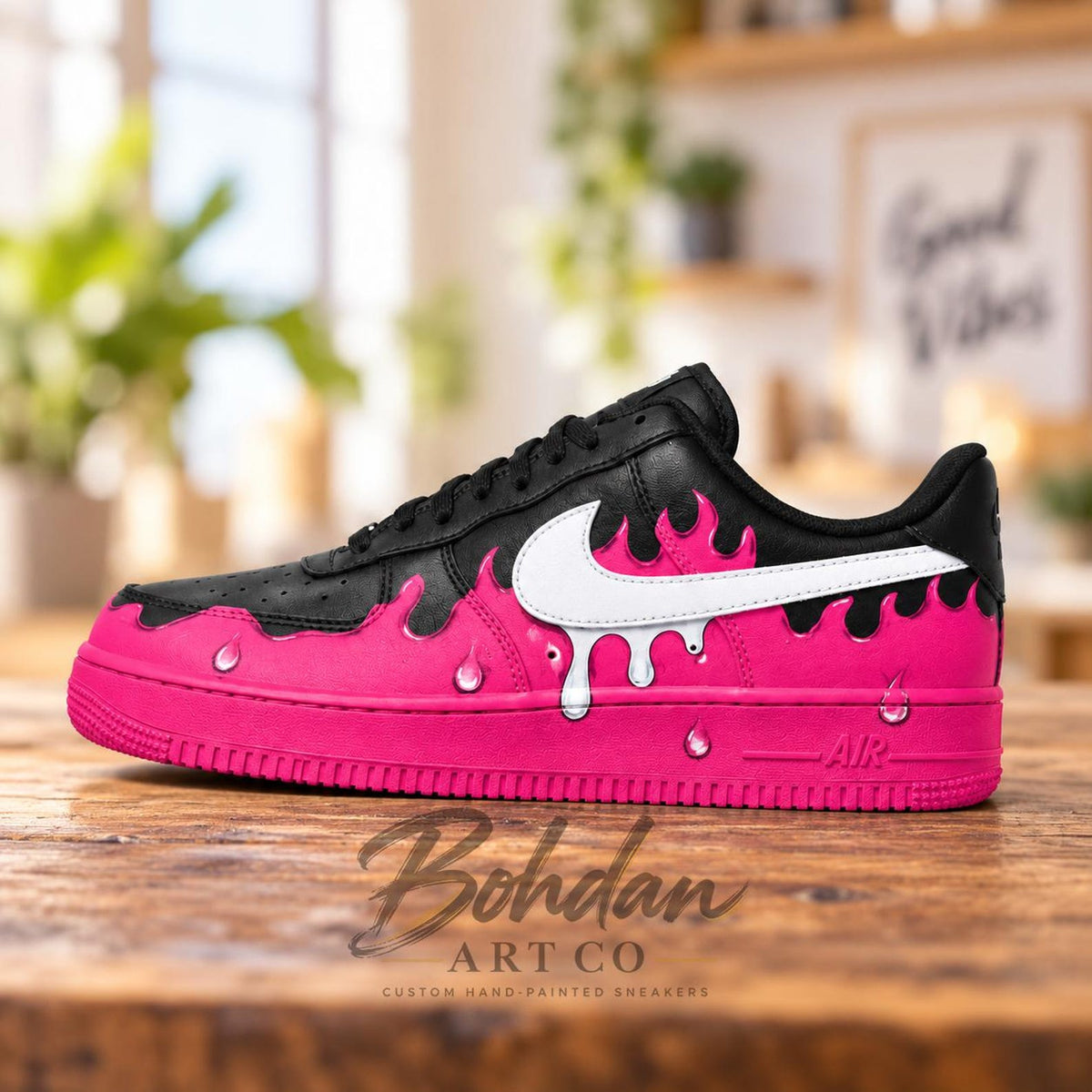 Hand Painted Hot Pink Drip AF1 Shoes, Black Glossy Melting Slime Artwork, Custom Air Force 1, Personalized Streetwear Gift