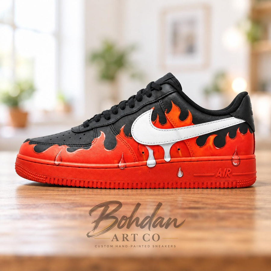 Hand Painted Orange Red Flame AF1 Shoes, Black Fiery Gradient Blaze Art, Custom Air Force 1, Personalized Boyfriend Gift