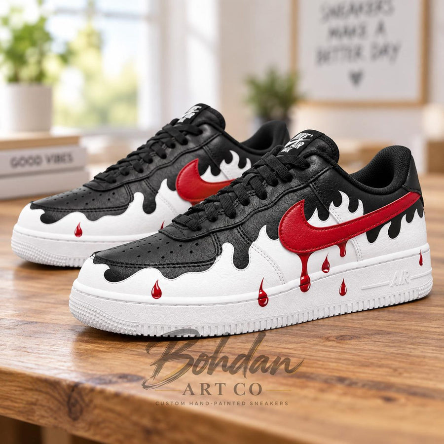 Hand Painted Red Blood Drip AF1 Shoes, Black White Melting Droplet Artwork, Custom Air Force 1, Personalized Boyfriend Gift