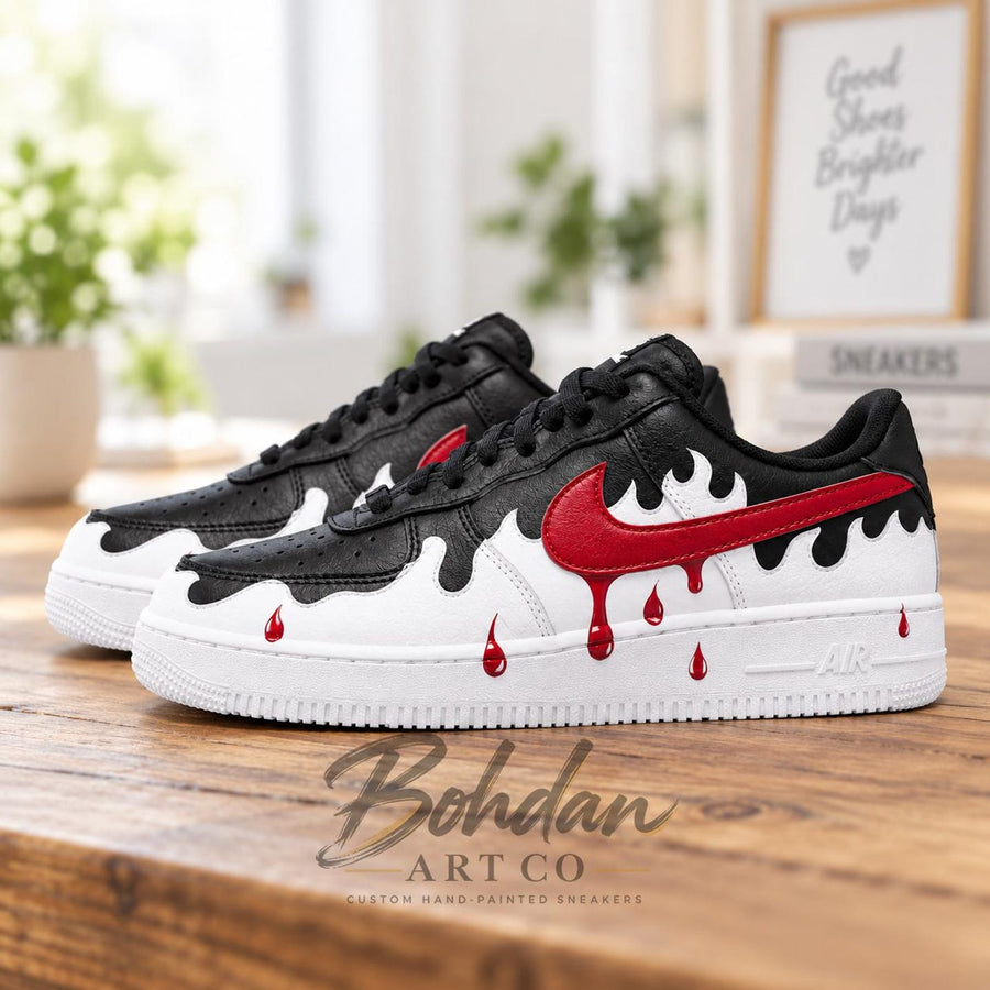 Hand Painted Red Blood Drip AF1 Shoes, Black White Melting Droplet Artwork, Custom Air Force 1, Personalized Boyfriend Gift
