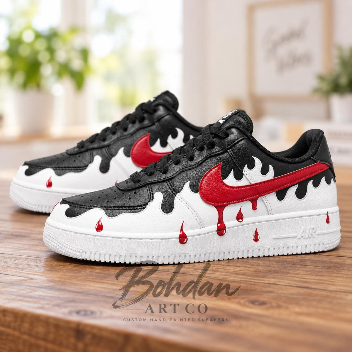 Hand Painted Red Blood Drip AF1 Shoes, Black White Melting Droplet Artwork, Custom Air Force 1, Personalized Boyfriend Gift